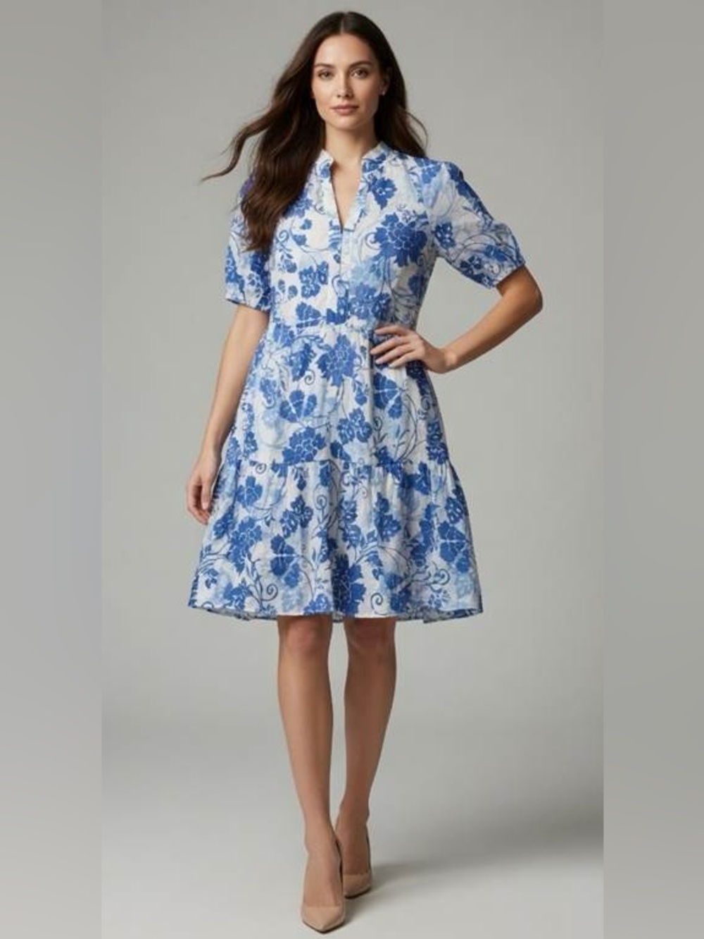 EUC – MSK Blue and White Floral Tiered Midi Dress – Medium